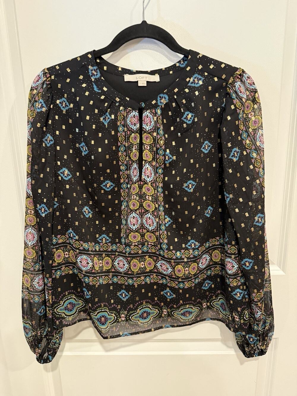 LOFT Black Boho Medallion Blouse Gold Metallic Foil Sz S Romantic Baroque Print